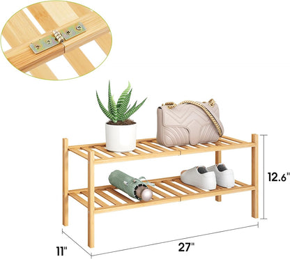 BMOSU 2-Tier Bamboo Small Shoe Rack Premium Stackable Shoe Shelf Storage Organizer for Hallway Closet Living Room Entryway Organizer (Black Bamboo)