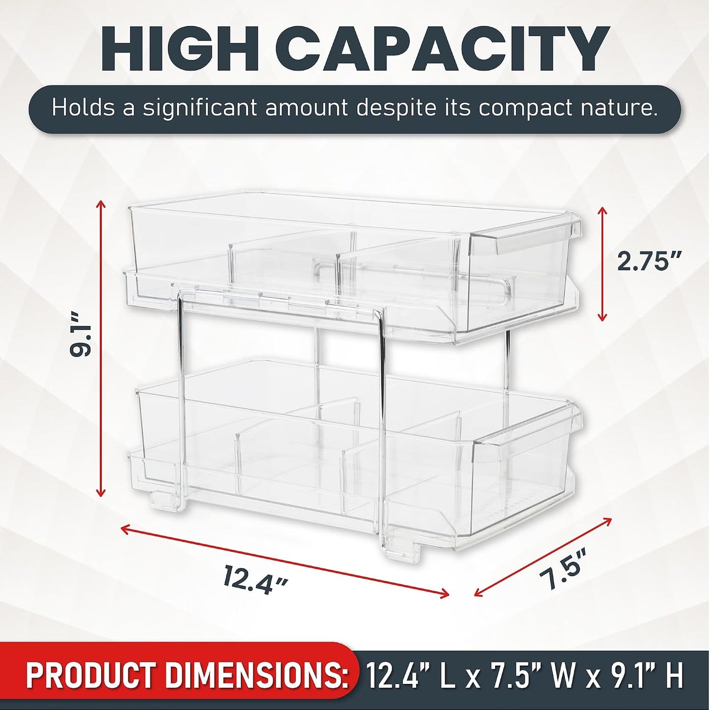 Masirs 2-Tier Clear Pull-Out Drawer Organizer - Sleek, Compact & Sturdy Makeup and Closet Organizer - Easy Assembly Kitchen Storage Solution, Ideal for Makeup, Tools, Medicines & Snacks