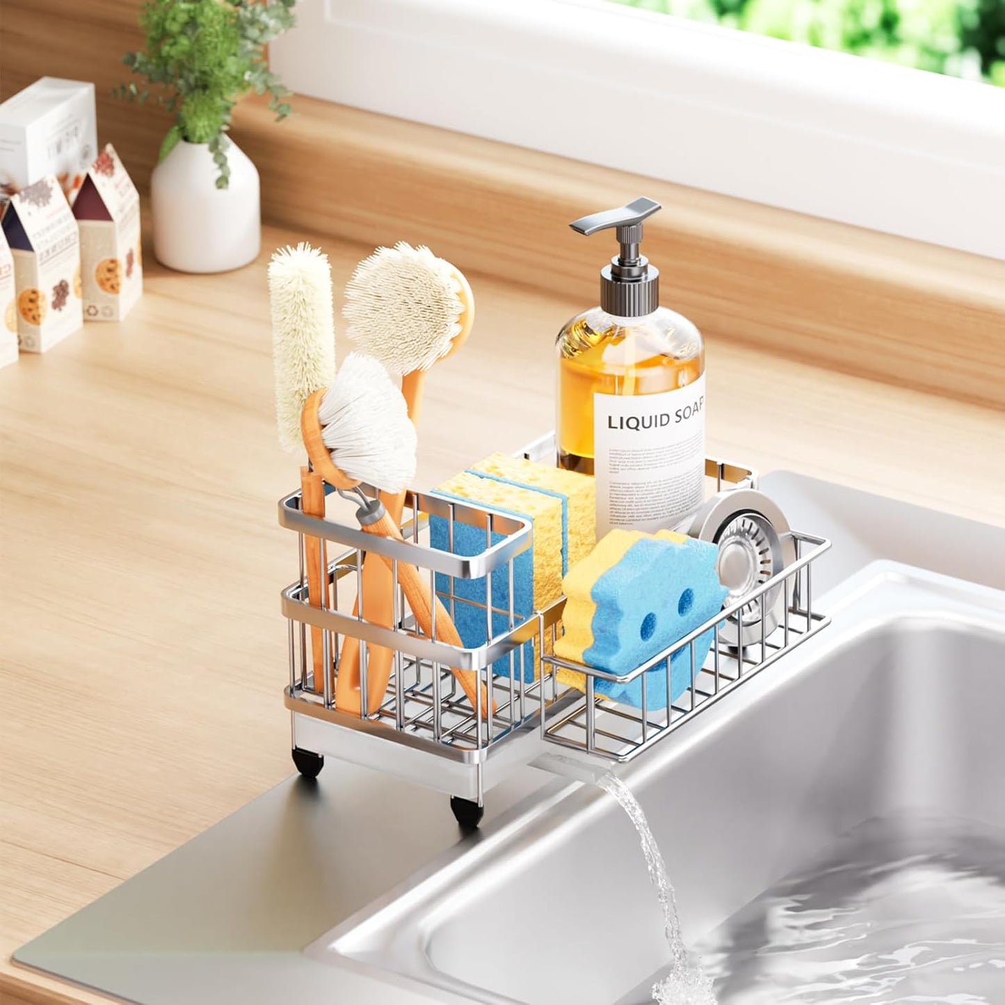 Consumest Sponge Holder for Kitchen Sink - Auto Draining Sink Caddy Organizer with Detachable Rack, High Brush Holder, Kitchen Countertop Storage Accessories, Black