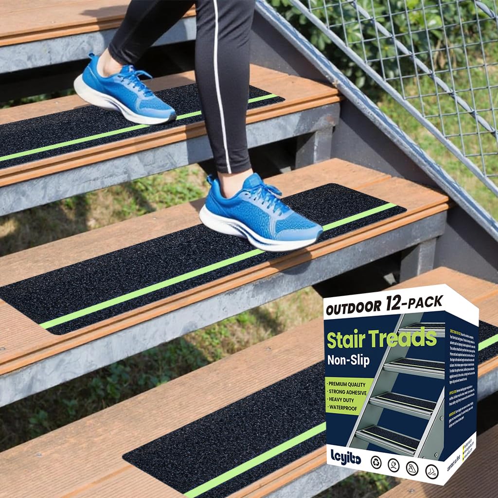 6" x 30" Anti Slip Traction Treads Tape (12-Pack), Pre-Cut Grip Tape for Stair Steps Outdoor, Waterproof Black Non Slip Stair Treads for Floor Safety, Easy to Install