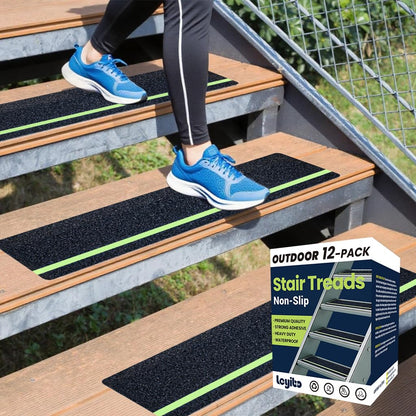 6" x 30" Anti Slip Traction Treads Tape (12-Pack), Pre-Cut Grip Tape for Stair Steps Outdoor, Waterproof Black Non Slip Stair Treads for Floor Safety, Easy to Install