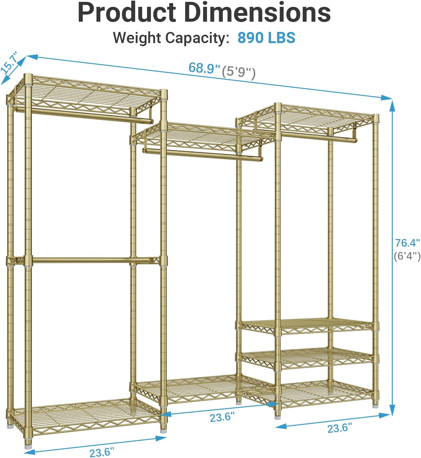 VIPEK V5 Heavy Duty Clothes Rack, Portable Closet Wardrobe with 4 Hanging Rods & 8 Shelves, Freestanding Adjustable Garment Rack for Bedroom, Walk-in Closet, 890 lbs Capacity, Black, 68.9" L