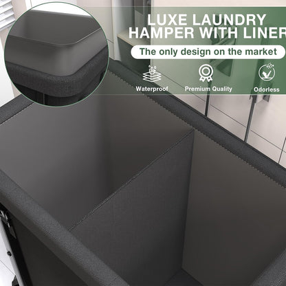 60 Gal(230L) Laundry Basket with Lid, Rolling Laundry Hamper with Wheels, Dirty Clothes Hamper with Metal Frame and Removable Bag Design, Suitable for Laundry Room, Bedroom (Black, 3 Section 230L)