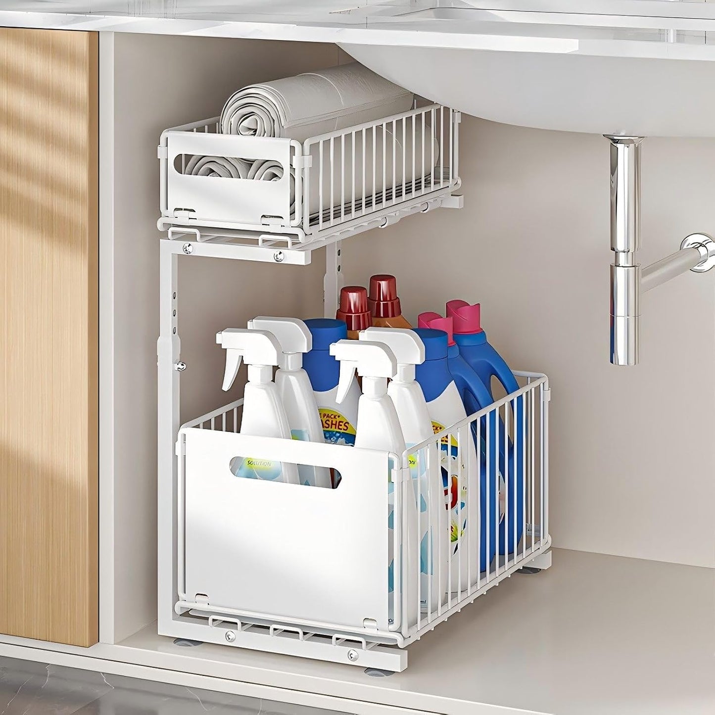 Under Sink Organizer, 2-Tier Multi-Use Kitchen and Bathroom Organizers and Storage, Slide Out Thickened Metal Under The Sink Organizer for Kitchen Bathroom Pantry (Style A White, 1 Pack)