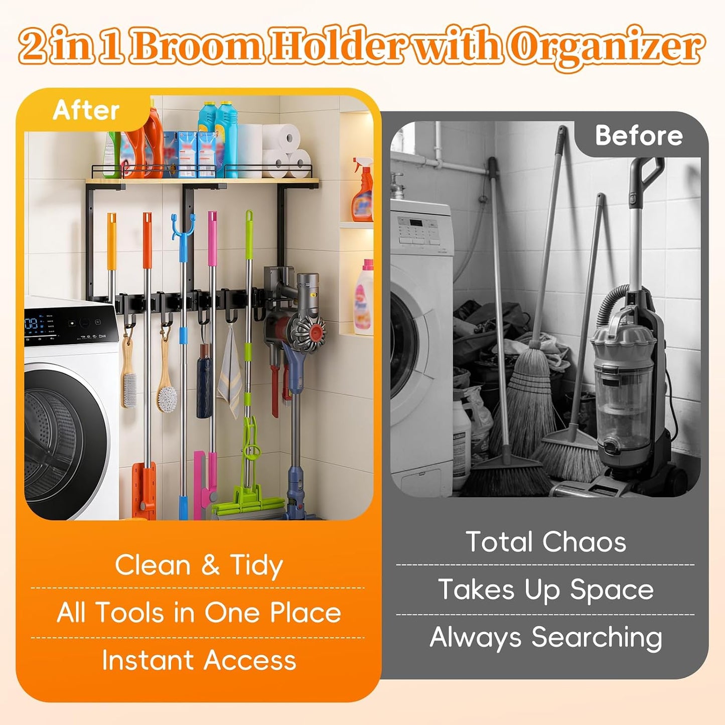 HOOMESUN Broom Holder Wall Mount with Shelf & Guard Rail, Upgraded No-Fall Storage, 120 lbs Heavy Duty Cleaning Organizer, 5 Clamps 4 Hooks, Thick Metal & Wood Rack for Laundry Room Garage