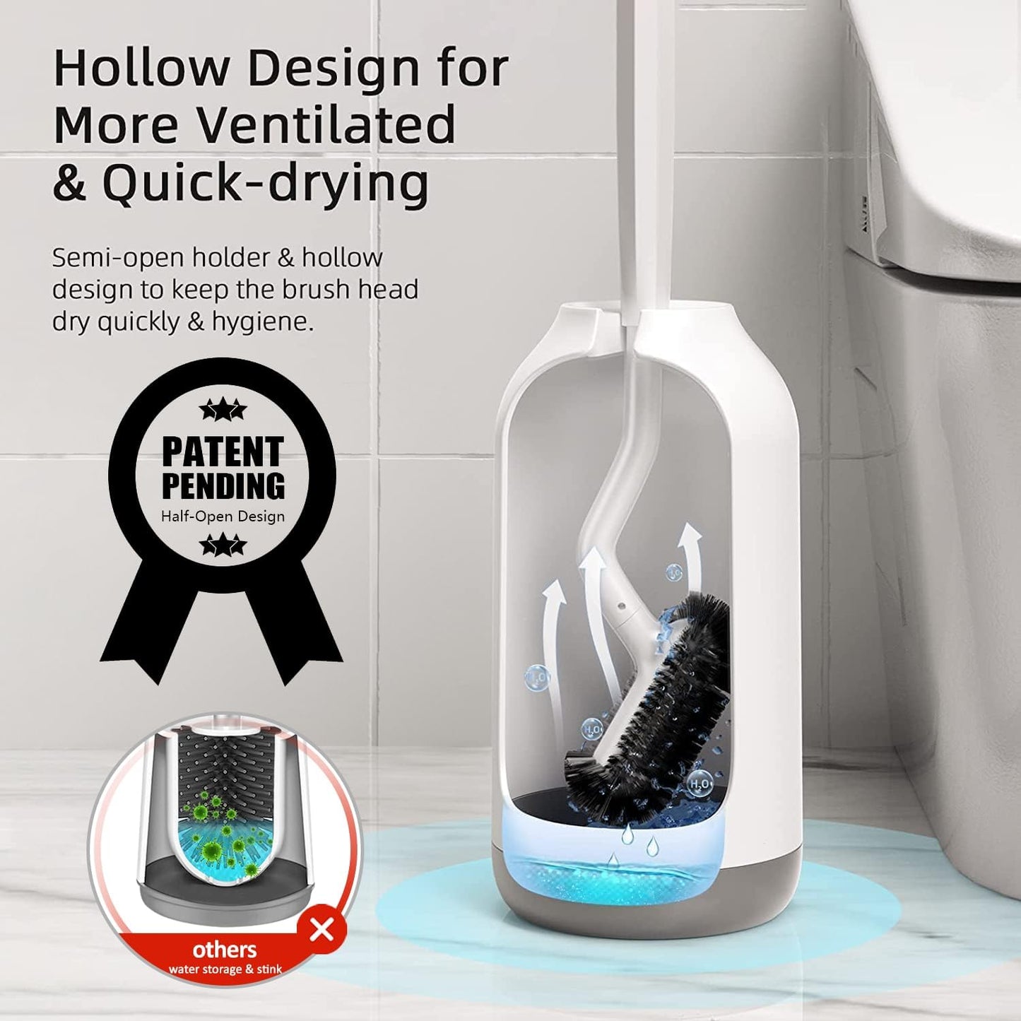 HAMITOR Toilet Bowl Brush Holder Set: Bathroom Deep Cleaning Toilet Cleaner Scrubber Under Rim with Curved Bristle for Dead Corner Clean - Hidden Rv Toilet Decorative Accessories with Caddy- White