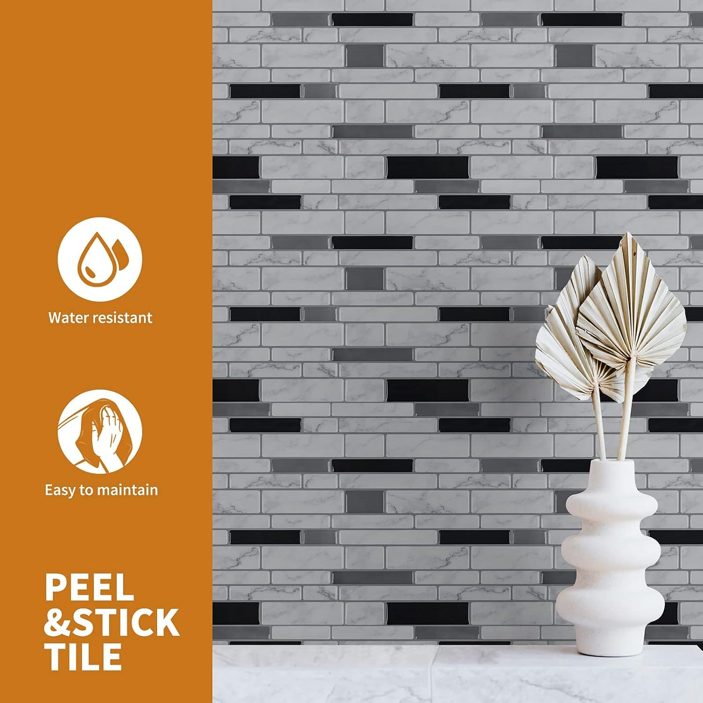 WOWSTAR 10-Sheet Peel and Stick Backsplash Tile for Kitchen Wall, Back Splash Stick On Tiles for Kitchen (12"x 12", Gray)