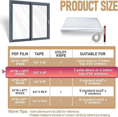 Window Insulation Kit for Winter,Plastic Shrink Film & Strong Tape, Indoor Thermal Seal to Block Drafts, Cold Air for Windows and Patio Doors,5-Pack(42"W x 62"T)