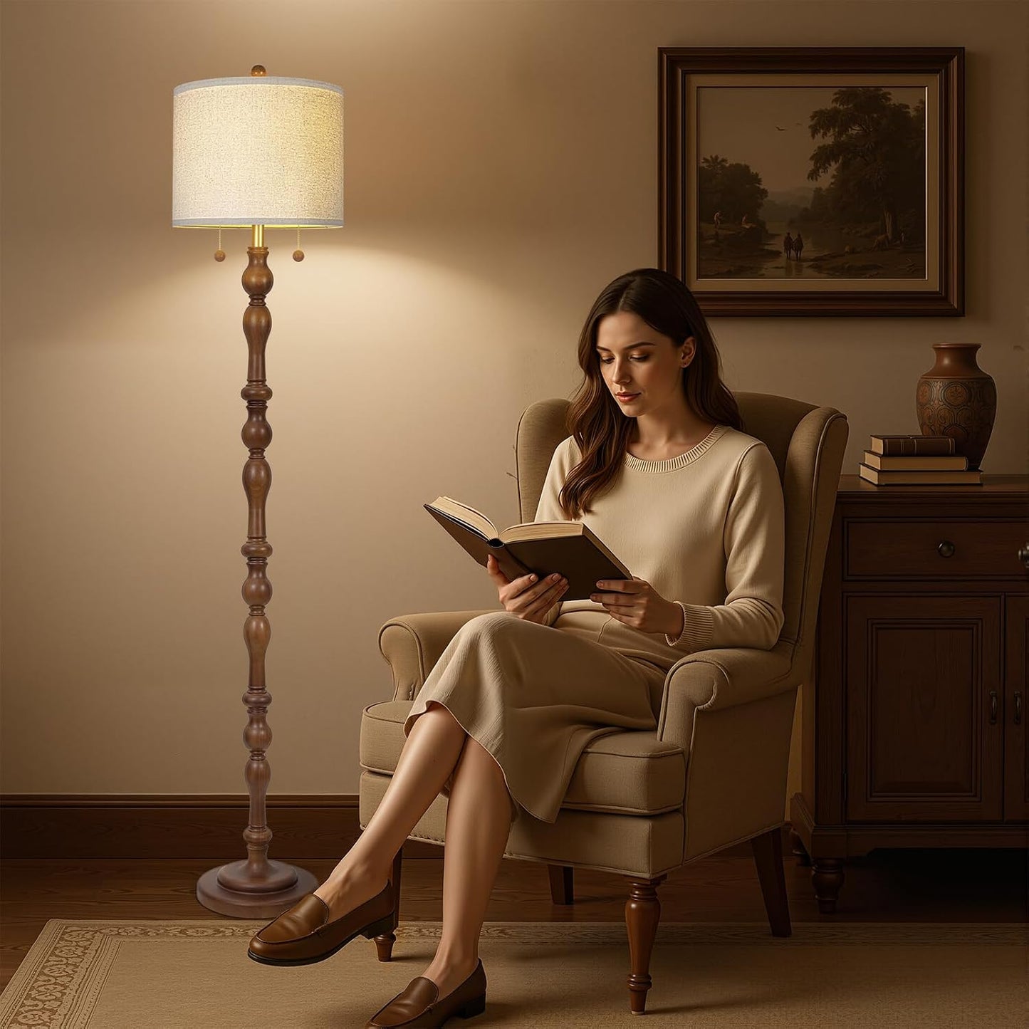 Scenekoy 65.5” Natural Real Wood Floor Lamp for Living Room Bedroom, Dual S Cluster Socket, Pull Chains Switch, Farmhouse Tall Standing Lamp with Linen Shade for Home Room Decor (Bulbs Included)