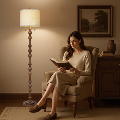 Scenekoy 65.5” Natural Real Wood Floor Lamp for Living Room Bedroom, Dual S Cluster Socket, Pull Chains Switch, Farmhouse Tall Standing Lamp with Linen Shade for Home Room Decor (Bulbs Included)