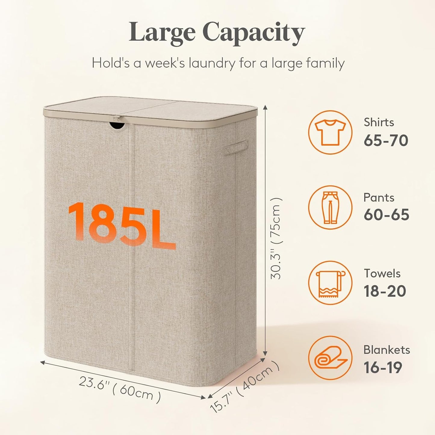 Lifewit 185L 3 Section Laundry Hamper with Lid, Large Laundry Basket with Handles and Removable Bags, Tall Clothes Hamper, Foldable Laundry Sorter for Bedroom Bathroom, Beige