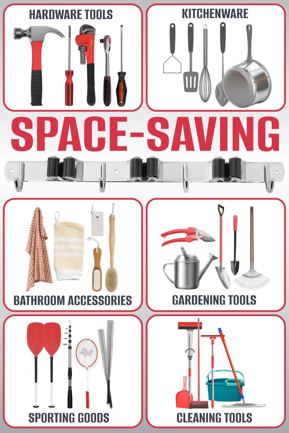 The Good Stuff Heavy Duty Mop and Broom Holder Wall Mount – Stainless Steel 5-Rack Organizer with 4 Hooks – Space Saving, Rust-Resistant Utility Rack for Garage, Kitchen, Laundry or Garden Tools