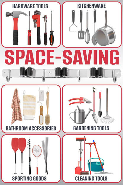 The Good Stuff Heavy Duty Mop and Broom Holder Wall Mount – Stainless Steel 5-Rack Organizer with 4 Hooks – Space Saving, Rust-Resistant Utility Rack for Garage, Kitchen, Laundry or Garden Tools