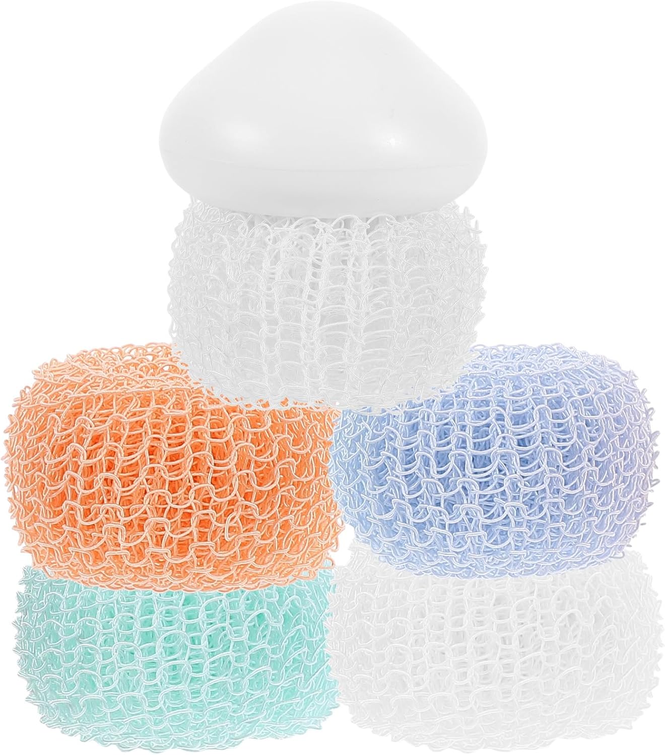 NUOBESTY Kitchen Dish Brush and Scrub Brush Set with Handle, Replaceable Steel Wire Scrubber Balls, Small Sink Scrubber for Cleaning Pots and Dishes, White with 4 Replacement Heads,