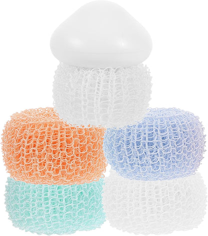 NUOBESTY Kitchen Dish Brush and Scrub Brush Set with Handle, Replaceable Steel Wire Scrubber Balls, Small Sink Scrubber for Cleaning Pots and Dishes, White with 4 Replacement Heads,