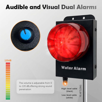 Water Level Leak Alarm with 16.4Ft 2 Sensors,120dB Strobe, Metal | 9V Battery-Powered, Dual Sensors Float Switch and Leak Probe, Adjustable Volume, For Sump Pump Dishwasher Under Sink Basement