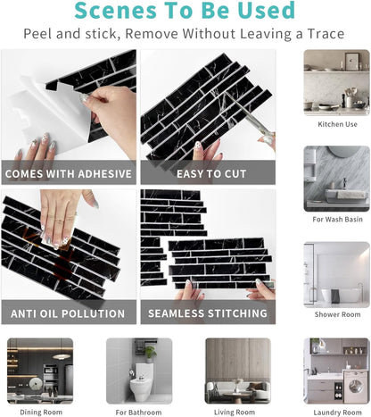 Vinyl Grey Black Tiles backsplash Wallpaper Peel and Stick,Waterproof Tile Decals for Kitchen Bathroom Restaurant Apartment Wall Renovation or Decor(25 Pcs 9.68 * 4.53 inch)