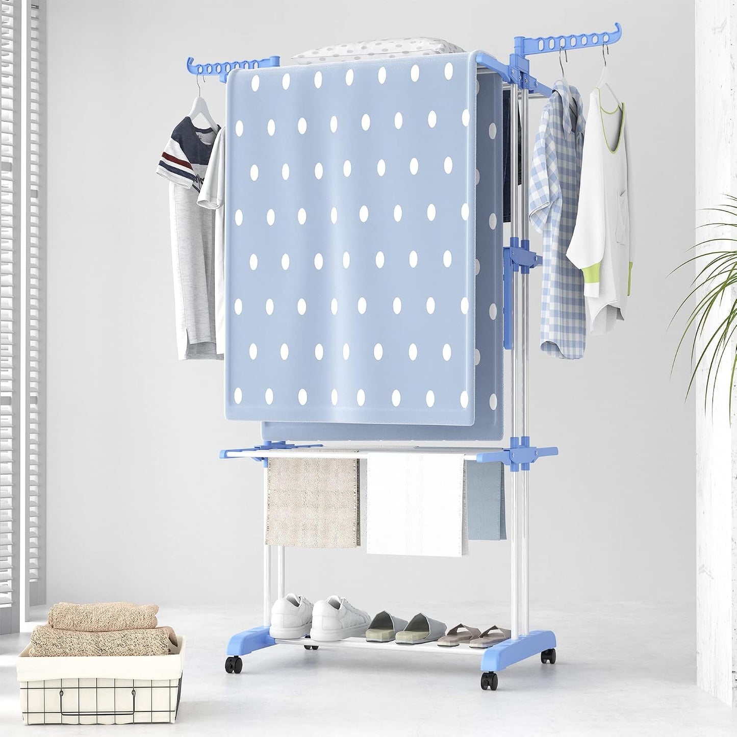 HOMIDEC Clothes Drying Rack, Oversized 4-Tier(67.7" High) Foldable Stainless Steel Drying Rack Clothing, Movable Drying Rack with 4 castors, 24 Drying Poles and 14 Hooks for Bed Linen, Clothing, Grey