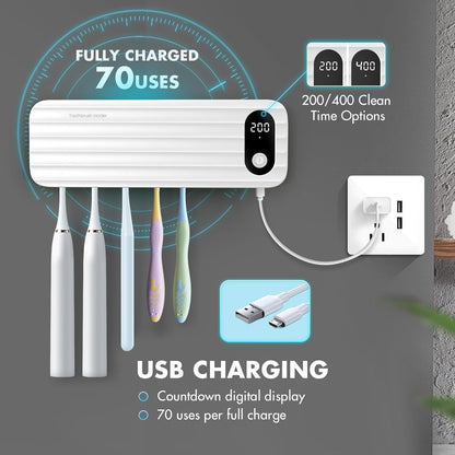 Auntyfey Sanitizeri Toothbrush Cleaner with 5 Slots, Smart Sanitizeri Toothbrush Holder Organizer, Cordless No Drilling Wall Mounted Rechargeable Holders for Bathroom Family, 200/400s Timer Function