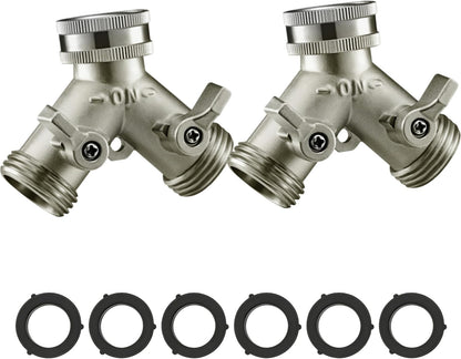 Garden Hose Splitter, Nickel Plated Solid Brass 2 Way Tap, Heavy Duty Y Way Hose Splitter, 3/4" Hose Tap Connector, 100% Metal Outdoor Garden Hose Splitter, Hose Spigot Adapter with 2 Valves