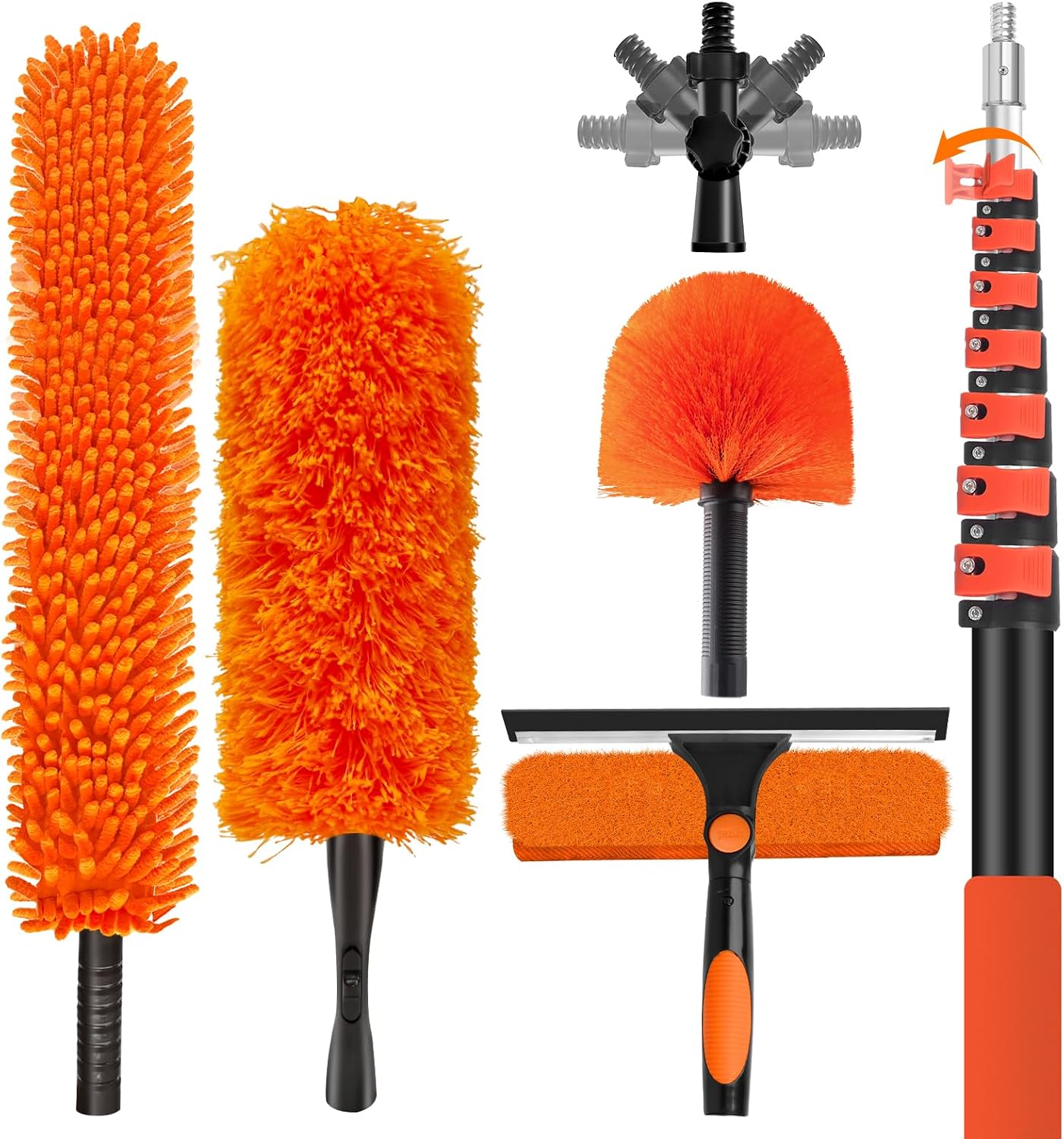 26FT High Reach Duster with Extension Pole 5-20FT, 4-in-1 Cleaning Kit with Universal Swivel Joint | High Ceiling Fan Cleaner, Cobweb Duster & Window Squeegee for Safe High-Reach Cleaning