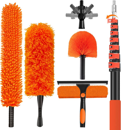 26FT High Reach Duster with Extension Pole 5-20FT, 4-in-1 Cleaning Kit with Universal Swivel Joint | High Ceiling Fan Cleaner, Cobweb Duster & Window Squeegee for Safe High-Reach Cleaning