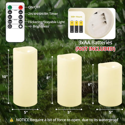 NURADA Large Waterproof Flameless Candles 6" 8" 10" x 4" - Outdoor Indoor LED Pillar Flickering Candle Battery Operated with Timer Remote for Patio Porch Lanterns - Ivory White Set of 3