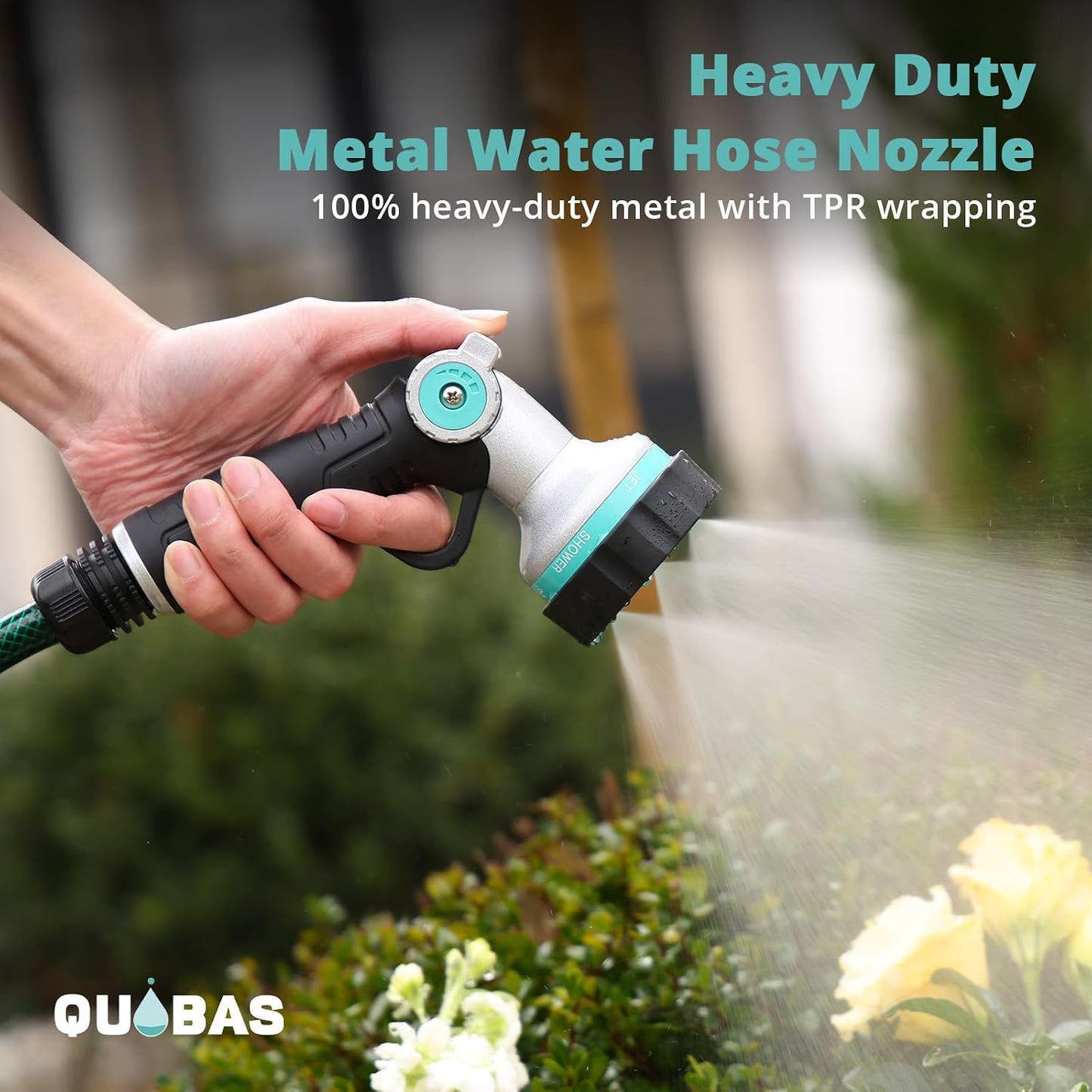 QUOBAS Garden Hose Nozzle Sprayer, Heavy Duty Metal Water Garden Nozzle | Brass Nozzle with Thumb Control, 3 Watering Patterns, Jet Hose Sprayer for Car Wash, Driveway, Patio Cleaning & Garden