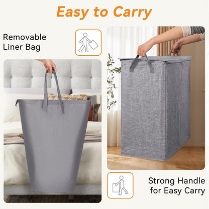 Chrislley 140L Laundry Hamper 2 Section, Double Laundry Basket with Lid, Large Dirty Clothes Hamper with Removable Liner Bags, Collapsible Laundry Organizer for Bedroom, Dorm,Beige