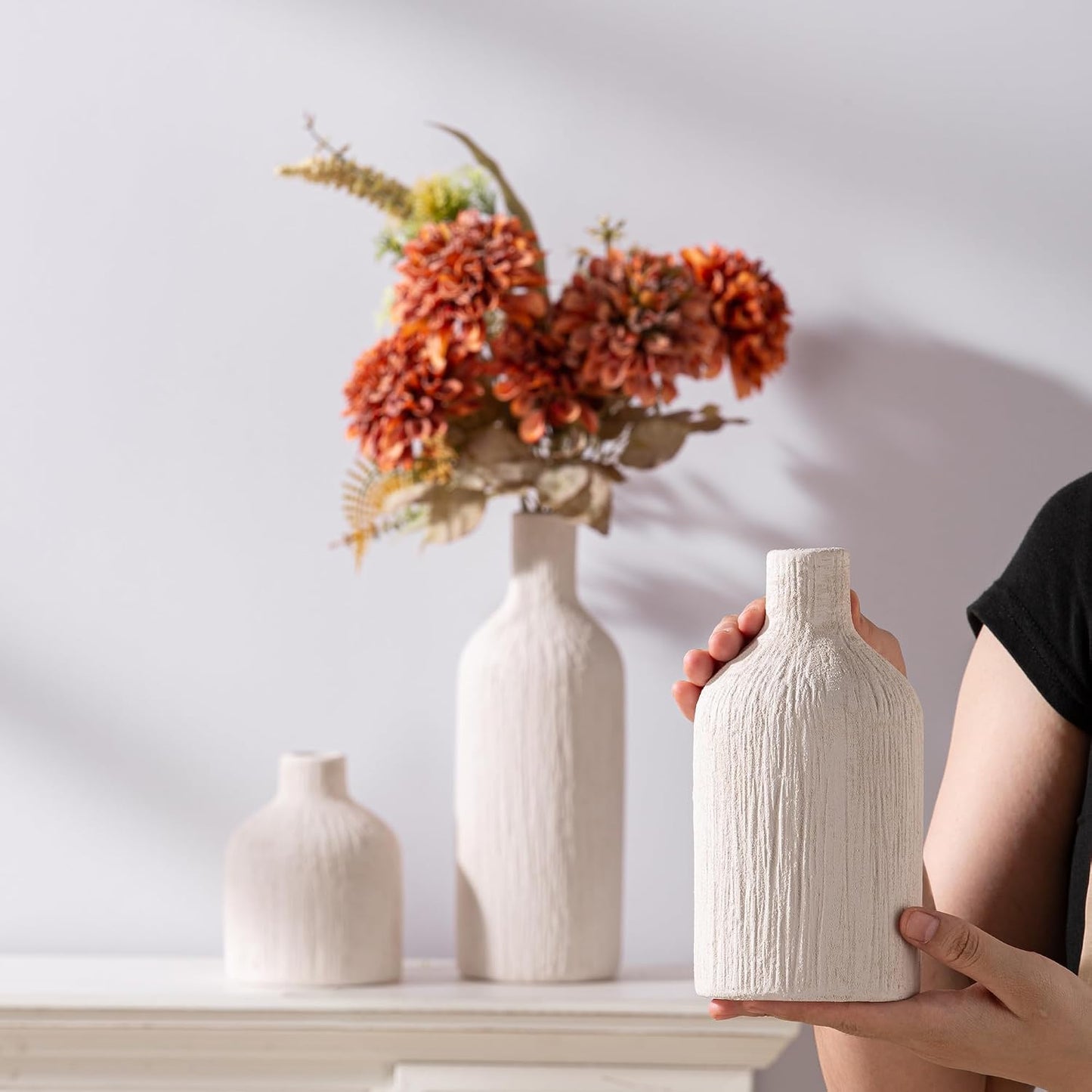Ceramic Vase Home Table Decor - Flower Vase Set of 3 Living Room Kitchen Decorations Farmhouse Modern Rustic Vases Decorative Centerpiece for Shelf Bedroom Office Bathroom Dining Coffee Desk