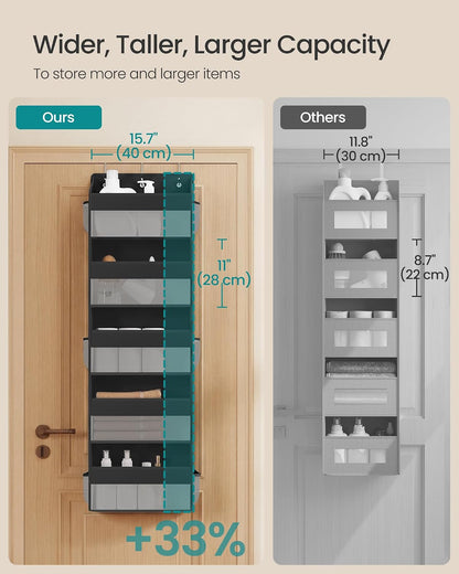 SONGMICS Over-the-Door Organizer, 5-Tier Door Hanging Storage Shelf, Heavy-Duty Closet Hanging Organizer Foldable, Transparent, Pockets, Metal Hooks, Ink Black URDH010BH01