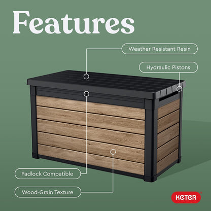 Keter Signature Everwood 30 Gallon Resin Outdoor Storage Box and Patio Furniture Side Table for Pool and Garden Accessories, Walnut