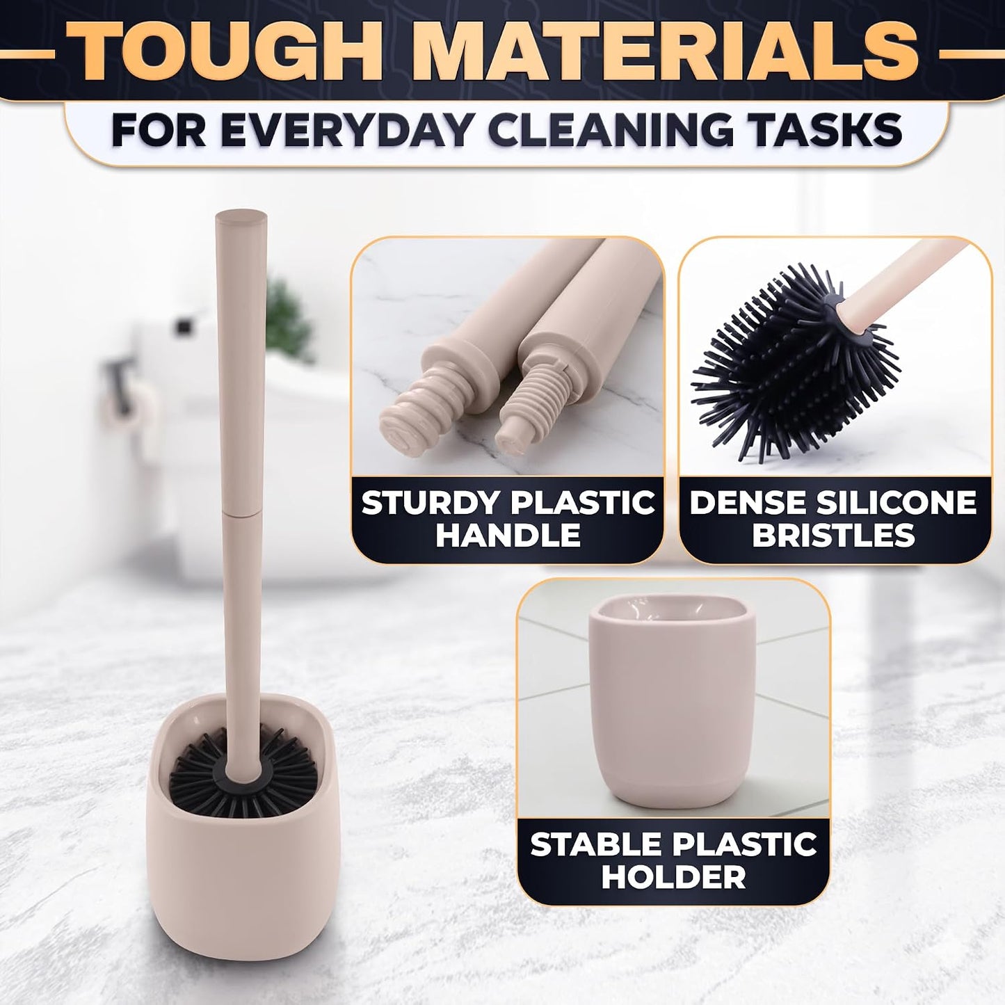 Silicone Toilet Brush and Holder Set - Cream RV Toilet Brush with Holder, Flexible Head, Soft Bristles, Detachable Handle and Freestanding Base, Compact Bathroom Cleaning Tool with Minimalistic Design