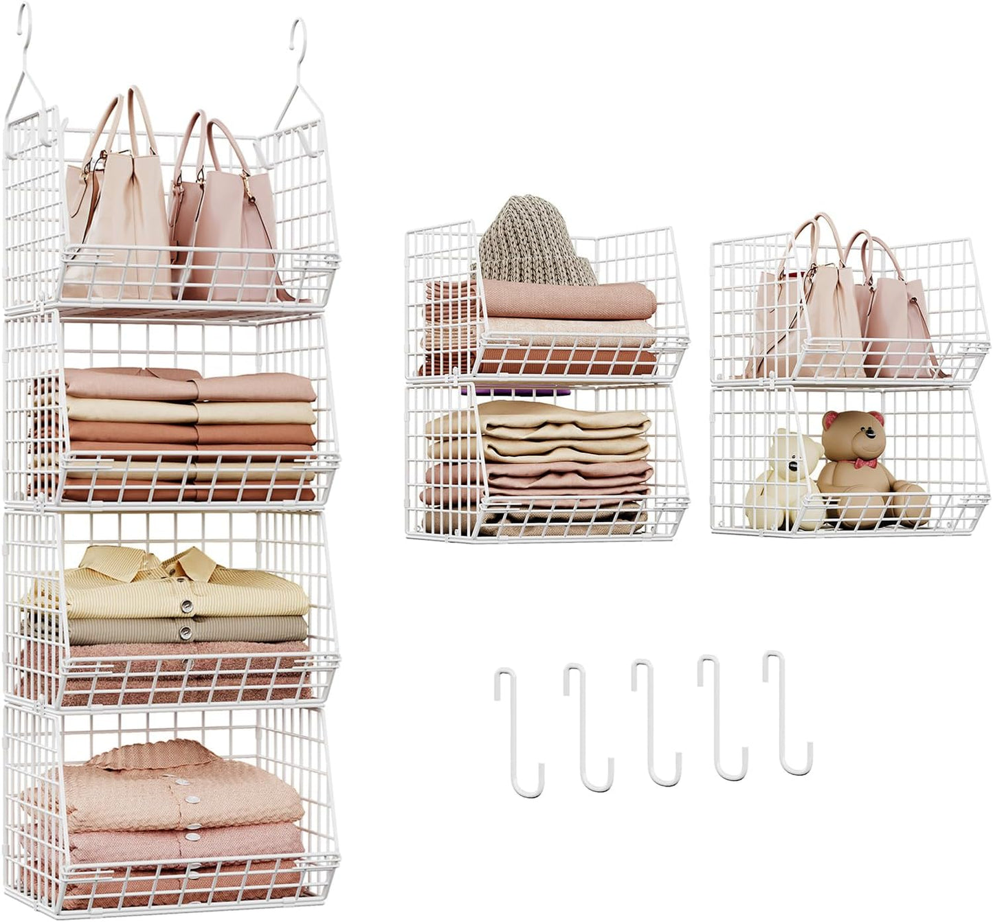 X-cosrack 4 Tier Closet Hanging Organizer, Foldable Closet Shelving with 2 Hanging Hooks 5 S Hooks, Wire Storage Basket for Wardrobe Laundry Room, for Clothing Sweaters Shoes Handbags Patent-White