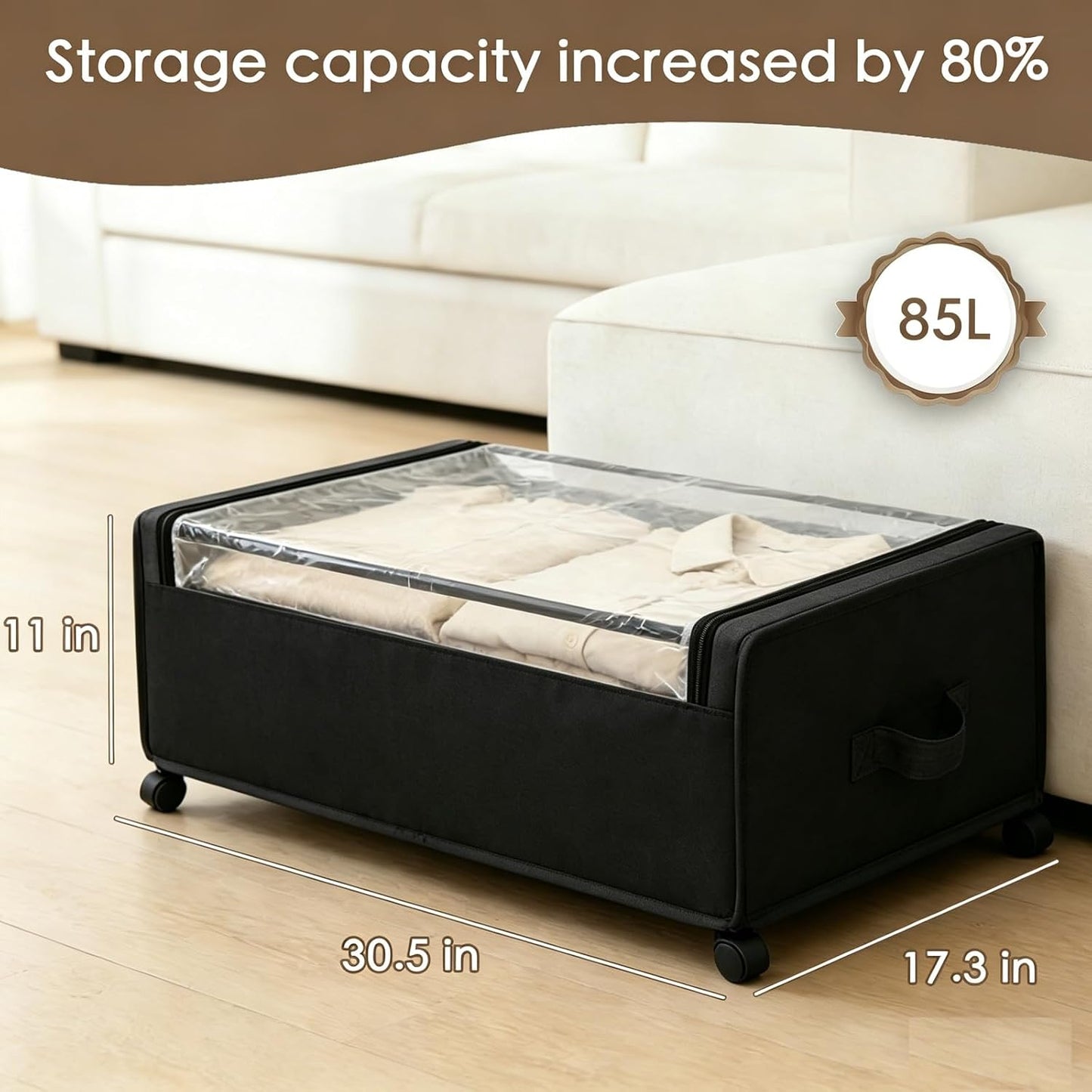 Under Bed Storage with Wheels, 2-Pack Under the Bed Storage Containers with Clear Lids & Label, Underbed Storage Bins, XXXL 85L 11 inches Rolling Metal Drawer for Clothes, Shoes, Toys, Books - Gray