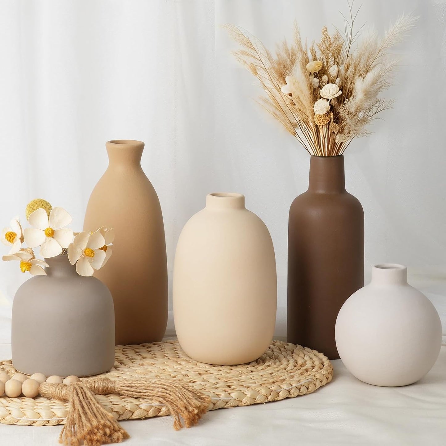CUCUMI Ceramic Vase Set of 5, Home Decor Farmhouse Décor Handmade Pottery Vases for Pampas Grass, Dried Fresh Flowers, Table, Living Room, Kitchen, Shelf, Entryway Mantel Neutral Tones