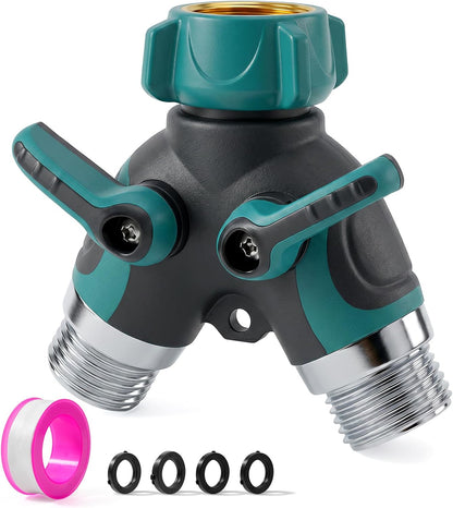 Garden Hose Splitter 2 Way, Heavy Duty Metal Water Hose Y Splitter with Shut Off Valves - 3/4" GHT Outdoor Faucet Spigot Bib Splitter for Irrigation Systems, Garden, Lawn, RV & Pet Bathing