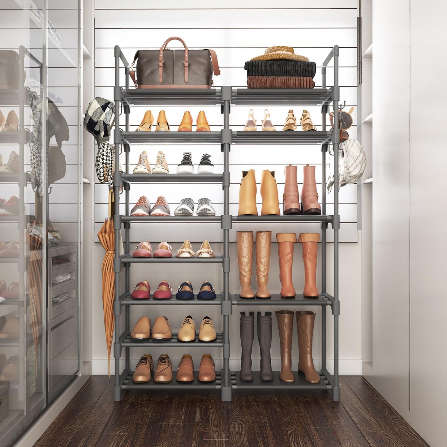 ROJASOP Shoe Rack Organizer, 8-Tier Metal Shoe Rack for Closet Entryway Garage, 26-32 Pairs Tall Shoe Boot Storage Shelf with 15 Hooks, Stackable Large Shoe Stand