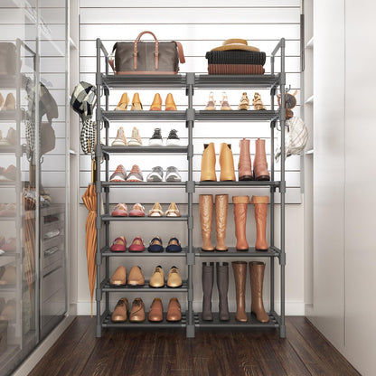 ROJASOP Shoe Rack Organizer, 8-Tier Metal Shoe Rack for Closet Entryway Garage, 26-32 Pairs Tall Shoe Boot Storage Shelf with 15 Hooks, Stackable Large Shoe Stand