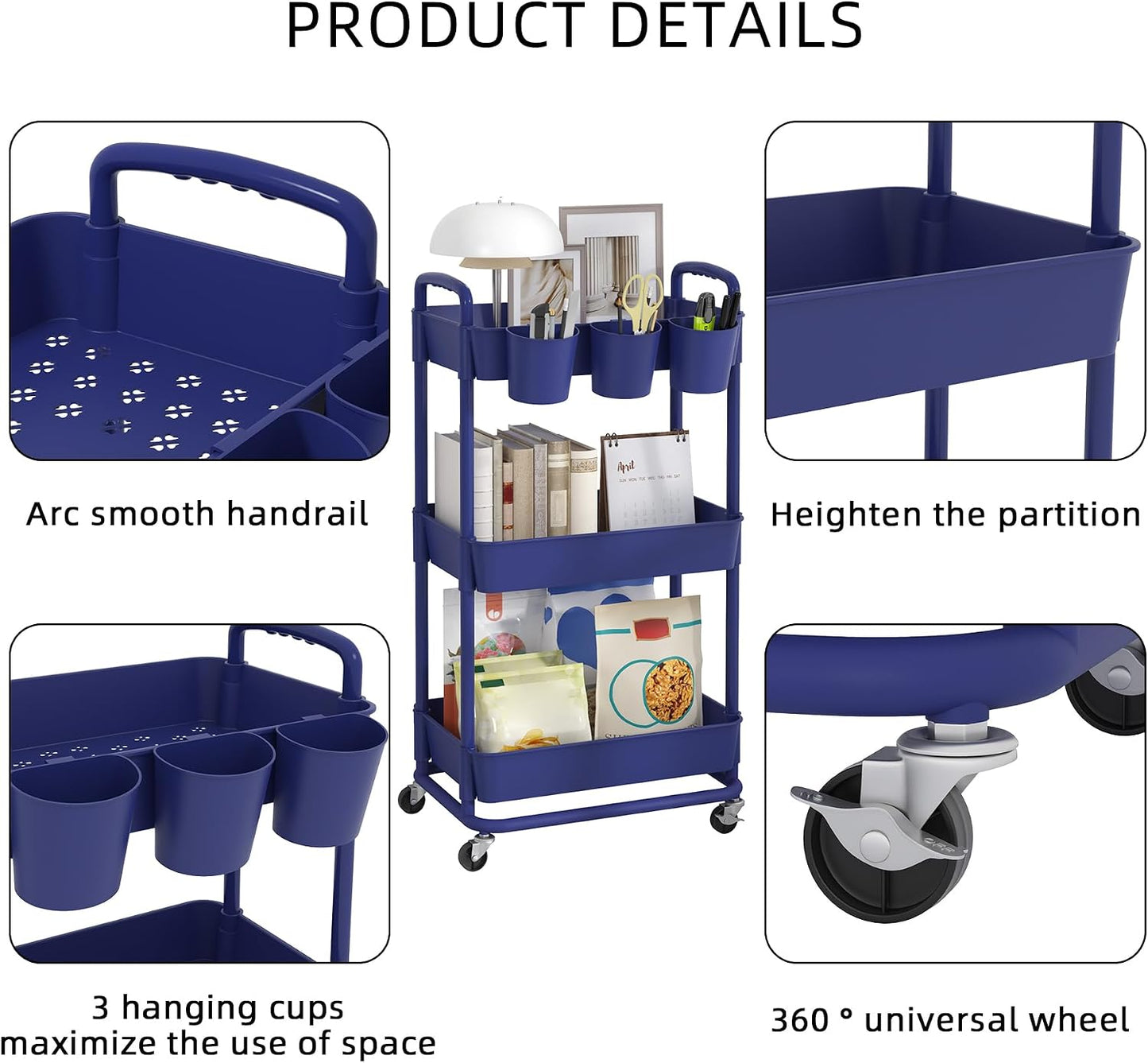 JIUYOTREE 4-Tier Plastic Rolling Storage Cart Utility Cart with Extra Hanging Cups Handles Lockable Wheels for Living Room Bathroom Kitchen Office White