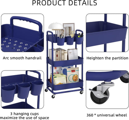 JIUYOTREE 4-Tier Plastic Rolling Storage Cart Utility Cart with Extra Hanging Cups Handles Lockable Wheels for Living Room Bathroom Kitchen Office White
