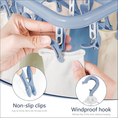Clothes Drying Rack with 32 Clothespins, Bule Foldable Hanging Drying Racks, 360° Rotatable Hook for Drying Towels Bras Baby Clothes Gloves Plastic, Clothes Drying Foldable-Bule