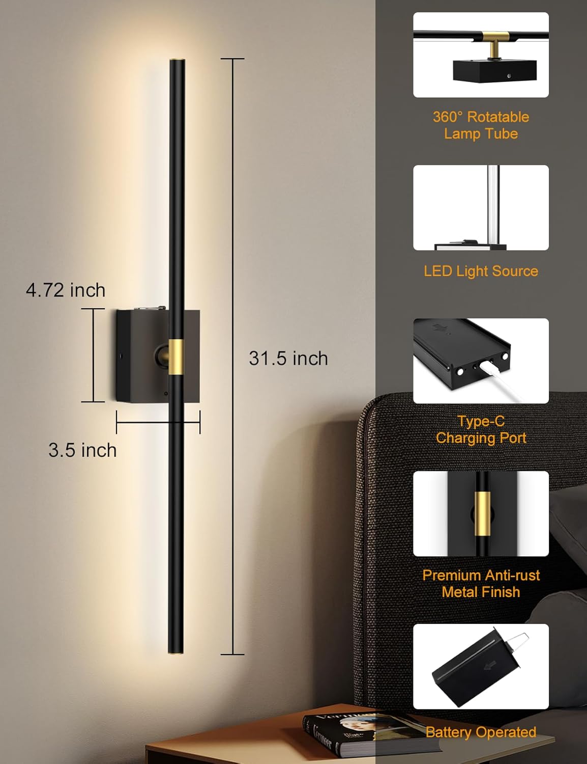 Battery Operated Wall Sconces Set of 2: 10000mAh Rechargeable Wall Lights with Remote, 360° Rotate 3000K-6000K LED Wireless Wall Light Fixtures Decor for Bedroom Living Room Hallway Picture Lighting