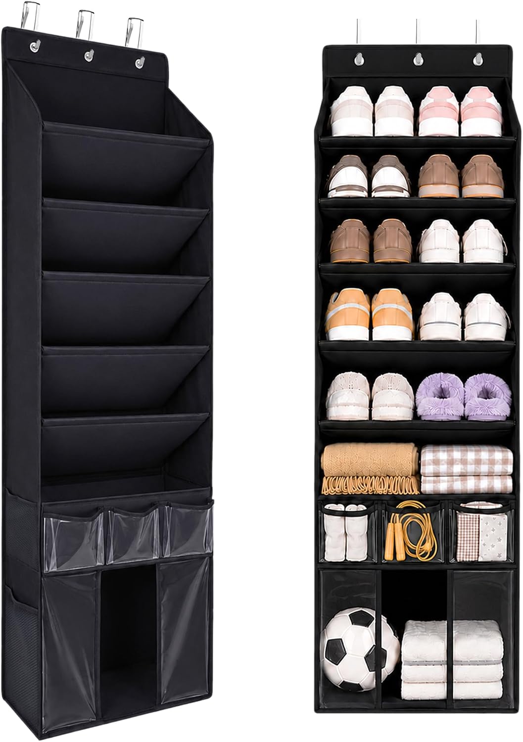 3in1 Over The Door Shoe Organizer with 5 Slanted Compartments,Removable Storage Bin & Transparent Pockets,Thickened Waterproof Oxford Fabric Shoes Rack for Shoes,Boots,Toys,Daily Essentials. (Beige)