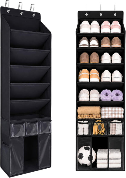 3in1 Over The Door Shoe Organizer with 5 Slanted Compartments,Removable Storage Bin & Transparent Pockets,Thickened Waterproof Oxford Fabric Shoes Rack for Shoes,Boots,Toys,Daily Essentials. (Beige)