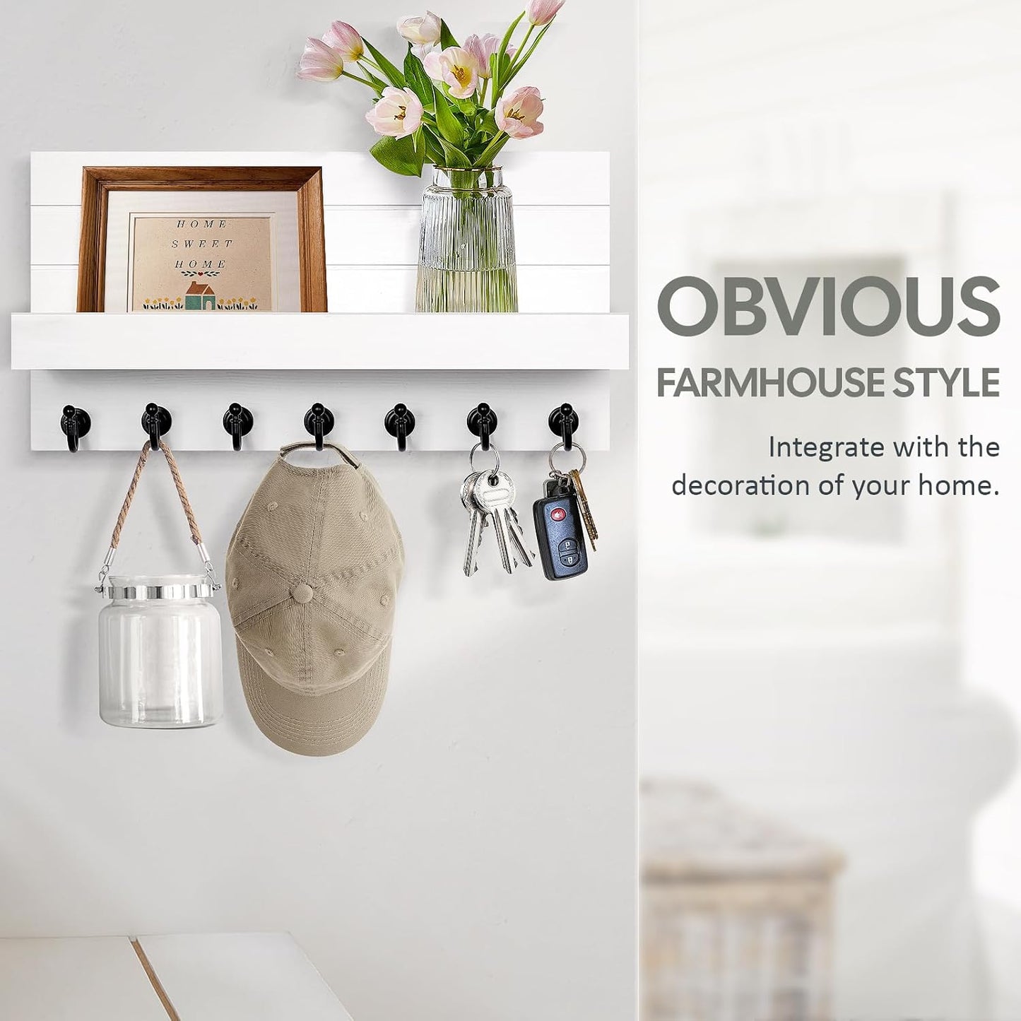HONJIN Key Holder for Wall: Easy Installation Mail Organizer Wall Mount Hanging Key Rack for Kitchen and Entryway Decor with 5 Sturdy Key Hooks (White)