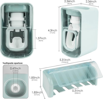 5 Slots Wall Mount Toothbrush Holder with Cover, Self Adhesive Toothbrush Storage Organizer for Shower, Toothbrush Hanger with Automatic Toothpaste Squeezer Dispenser