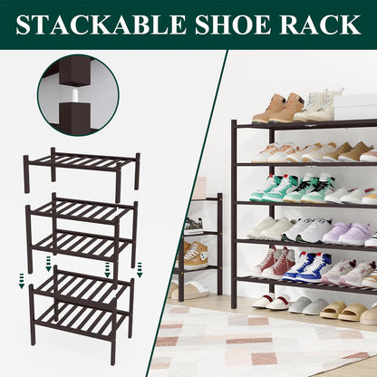 Smiry Bamboo Shoe Rack, 3 Tier Free Standing Wooden Shoe Organizer, Stackable Wood Shoe Storage Shelf for Closet, Entryway, 12 Vertical Slats, 2+1 Stack Standard Legs, 26.8"x11"x19.5", Natural