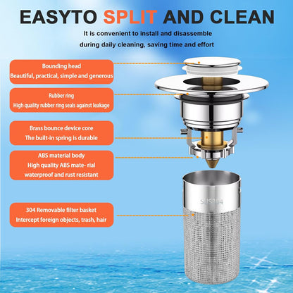Bathroom Sink Stopper 2Pcs,Sink Drain Strainer,Hair Catcher with Removable Stainless Steel Filter Basket,Universal Sink Plug,Suitable for Most Sinks,Washbasin,Bathtubs