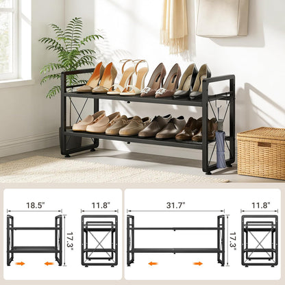 ELYKEN Shoe Rack, 2-Tier Expandable Shoe Organizer for Closet, Metal Black Shoe Shelf with 4 Hooks, Adjustable Shoe Stand Holder for Entryway, Garage, Door Entrance